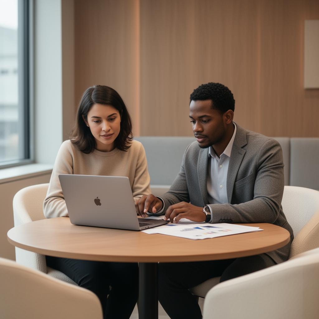 Two professionals collaborating on a laptop at a round table in a modern meeting space
