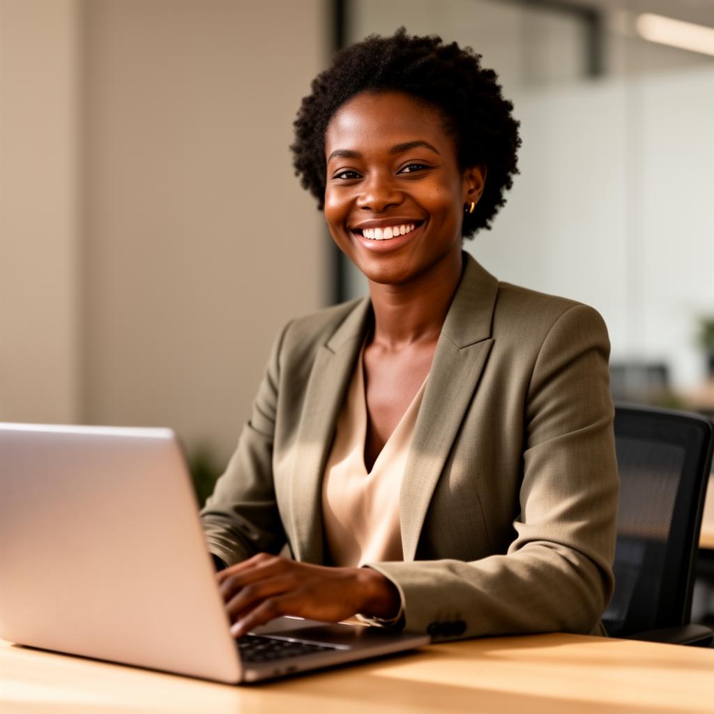 A professional smiling warmly while working on a laptop