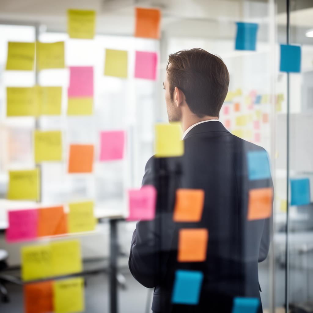 A professional reviewing colorful sticky notes on a glass wall during a strategy session