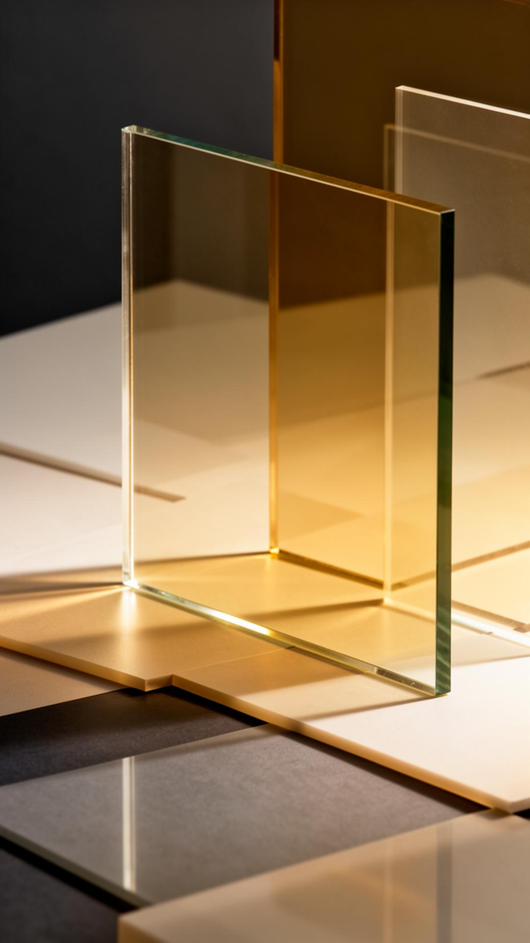 Editorial composition of layered translucent glass panels with warm gold light
